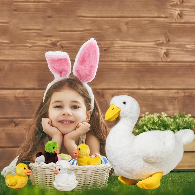 7 in 1 Duck Stuffed Animal, 12" Zippered Mommy Stuffed White Duck Plush Toy with 4 Baby Ducklings and Eggs, Soft Duck Plushie Pillow for Kids Christmas Birthday Gift Farm Party