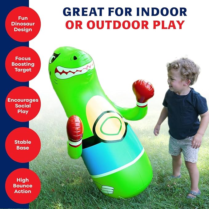 Preferred Toys 47" Inflatable Dinosaur Punching Bag for Kids - Durable Blow Up Kids Punching Bag with Bounce Back Base - Inflatable Indoor Outdoor Active Toddler Bop Play Toy