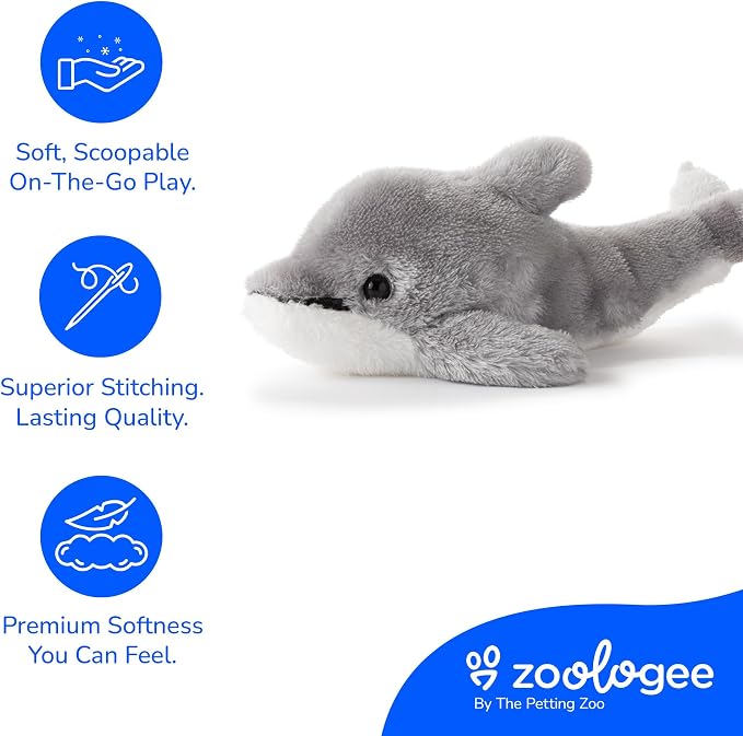 The Petting Zoo Dolphin Stuffed Animal Plushie, Gifts for Kids, Scoopz Sealife Animals, Grey Dolphin Plush Toy, 8 inches