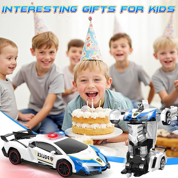 Remote Control Car Transformer Toys for Boy 4-6 Years Old: One-Button Transforming Police Car with LED Light & 360° Rotation Drifting 2.4 Ghz Robot RC Car Christmas Birthday Gift Idea for Kids