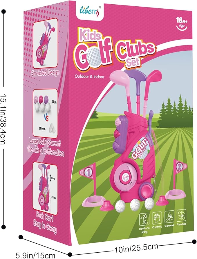 Liberry Toddler Golf Set for 2 3 4 Years Old, Upgraded Kids Golf Cart with Unique Shoulder Strap Design, Indoor and Outdoor Golf Toys Gifts for Girls Boys (Pink)