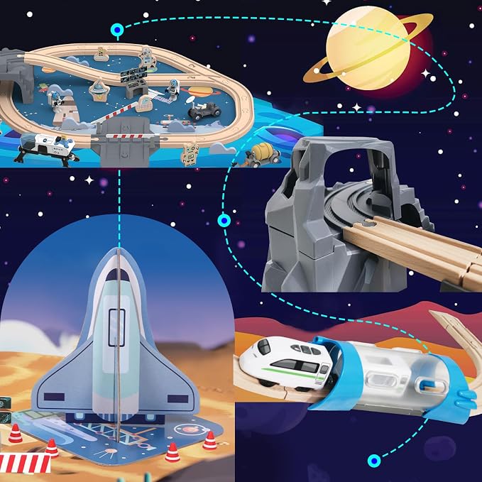82 Pcs Wooden Train Set for Toddlers, Magnetic Train with Track for Kids Ages 3-6, Compatiable with Major Brands, Space Railway Playset Gifts for Boys and Girls Ages 3+