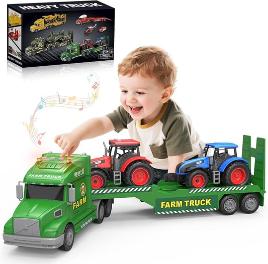 Toddler Toys for 3 4 5 6 Year Old Boys - 27" Large Semi Farm Truck Toy with 2 Tractors, 3-in-1 Friction Powered Transport Vehicle with Lights Sounds, Christmas Birthday Gifts for Boys Kids Age 3 4 5 6