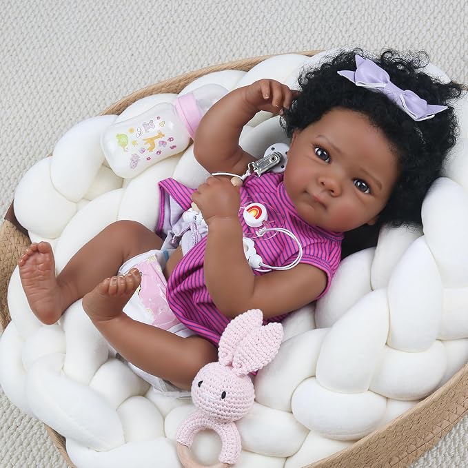 WOOROY Lifelike Reborn Baby Dolls - 20 Inch Black Realistic Baby Doll Girl African American Full Body Vinyl Purple Onesie & Bow Headband with Accessories Gifts for Kids 3+