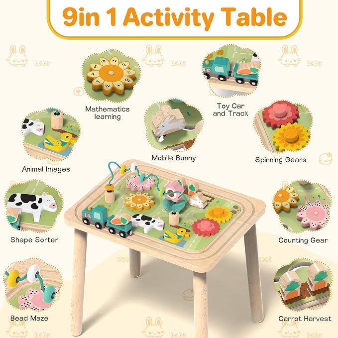 3-in-1 Baby Activity Table for 18-36 Months Old Kids Wooden Activity Center Sensory Play Table for Toddlers with Bead Maze Shape Sorter Montessori Toys Sand Table Must Have Birthday Gift for Girls Boy