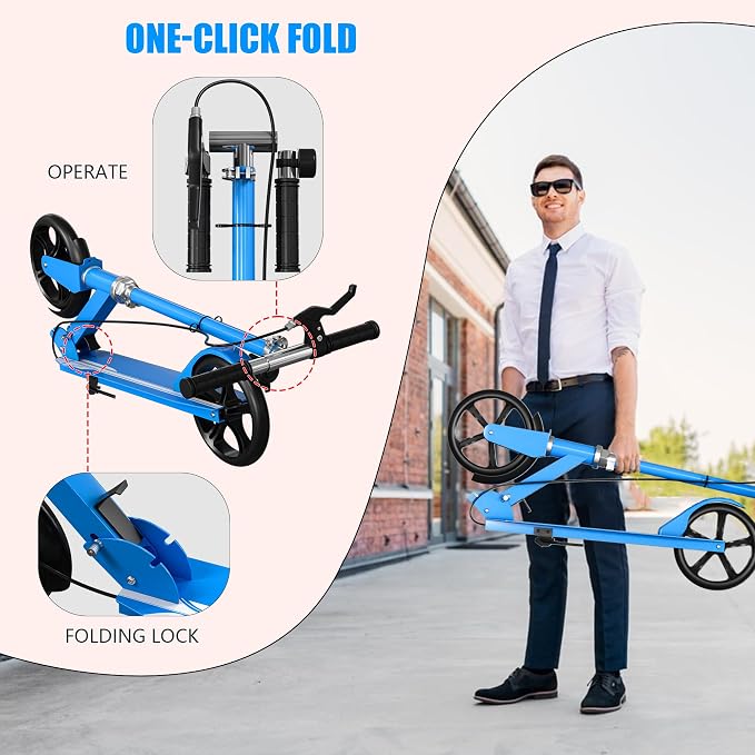 Non-Electric Scooters for Kids 8-12, Teens & Adults - Foldable Commuter Scooter with 8" Wheels, Bell, Hand Brake & Adjustable Height 30"-40.5", 220LB Capacity, Manual Push Scooter for Campus & Park