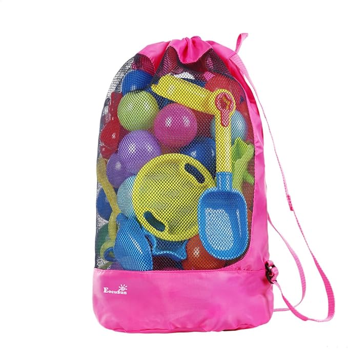 EocuSun Large Mesh Beach Bag Tote Durable Sand Away Drawstring Beach Backpack Swim and Pool Toys Balls Storage Bags Packs, Stay Away from Sand and Water, Toy Not Included