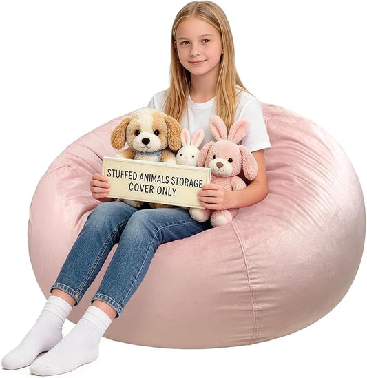 Lukeight Stuffed Animals Storage Bean Bag Chair Cover for Kids and Teens, Cozy Velvet Plush Toy Organizer Seat, Cover Only, No Filling Included, Long YKK Zipper, Side Pocket, XX-Large 36 x 20 in