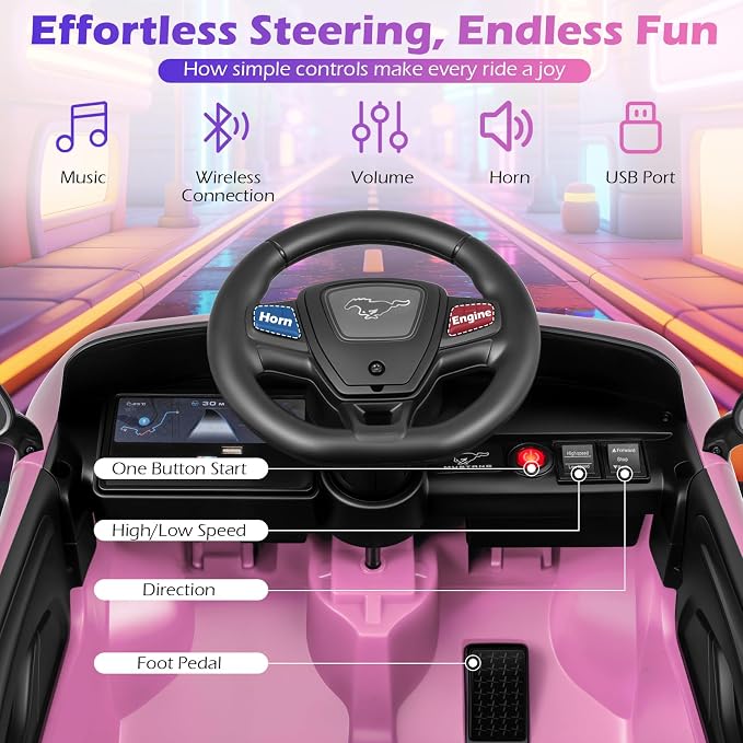 Costzon Ride on Car, 12V Licensed Ford Mach E Kids Electric Vehicle with Parent Control, LED Lights, Horn, Music, Wireless Connection & Spring Suspension, Kids Car Toy for Girls Boys (Pink)