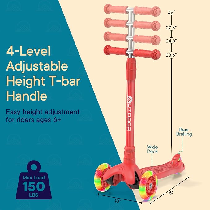 Outdoor Cruiser 3-Wheel Kids Scooter – with Lean-to-Steer Technology, Wide Deck, Led Lighted Wheel, 4-Level Adjustable Height T-bar Handle, Support Kids Up to 150 Lbs, for Boys & Girls Ages 3-8, Red