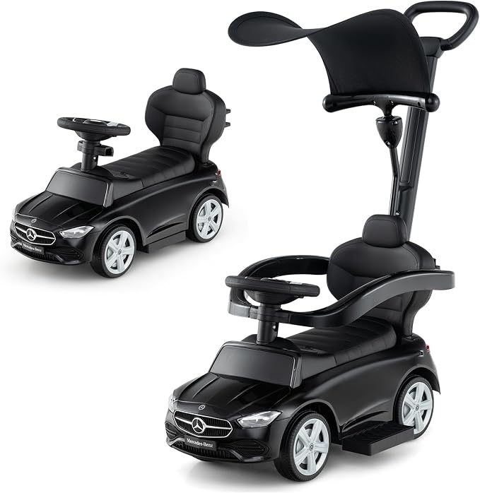 Costzon Push Car for Toddlers, 3 in 1 Mercedes Benz Stroller Sliding Walking Car w/Canopy, Handle, Safety Bar, Horn Sound, Underneath Storage, Foot-to-Floor Ride On Toy for Boys & Girls (Black)