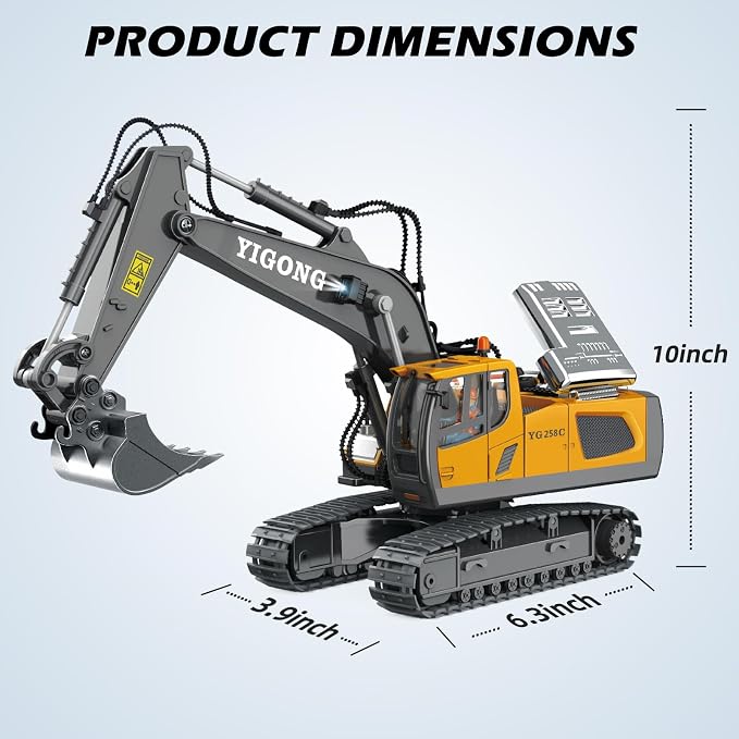 Remote Control Excavator Toy for Boys, 11-Channel Metal Construction Truck with Lights, 2 Batteries, 120-Min Playtime, RC Excavator Toys for Kids Ages 3-12, STEM Gift for Birthday