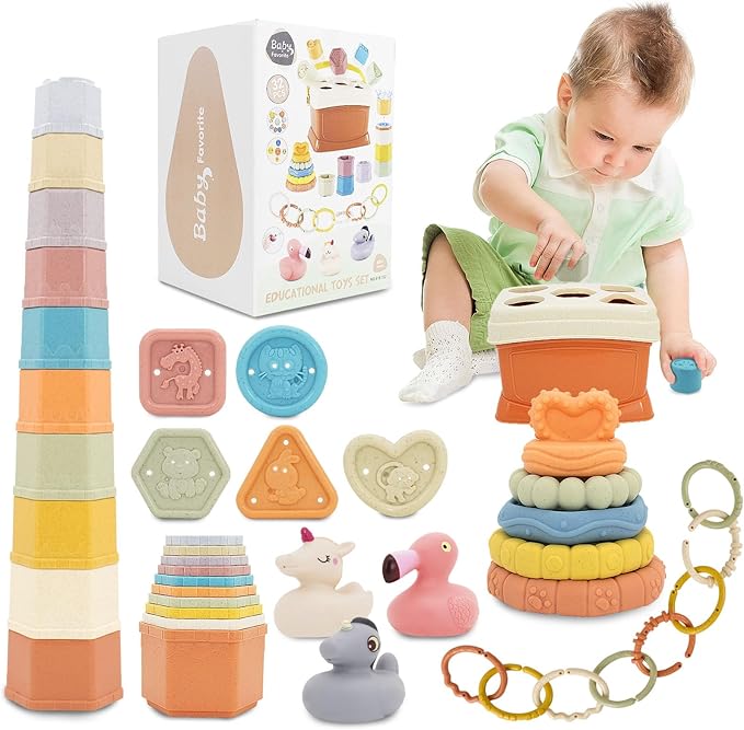BYFWH Shape Sorter Toy for Toddler 1-3, Baby Stacking Toy with Nesting Cups, 5 in 1 Infant Learning Stackable Block for Sand & Bath Play, Birthday Gift for Girl Boy 9 Month