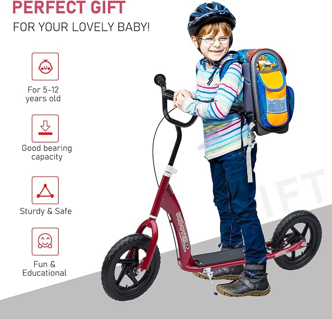 HOMCOM Kick Scooter for Kids 5-12 Years Old, Big Wheel Kids Scooter with Adjustable Height Handlebar, 12" EVA Tyres, Non-Slip Footplate, Rear Brake