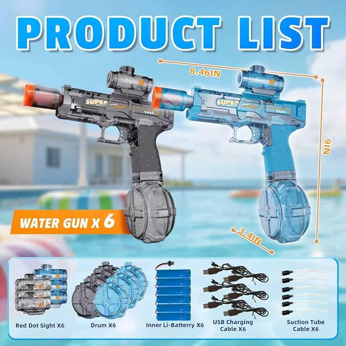 6pcs Electric Water Gun for Kids Adults, Auto Squirt Gun with Flashing Muzzle, 26FT Range, Leak-Proof Rechargeable Water Blaster for Summer Pool Beach Water Fights (3 Black+3Blue)