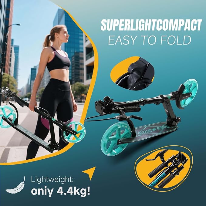 Kick Scooter for Kids Ages 8+ Teens & Adults, with Front handbrake and Rear Brake, and Adjustable Handlebars, Big Sturdy PU Flash Wheels Great Gift & Toy