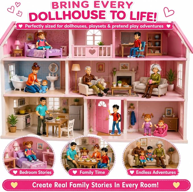 Beverly Hills Sweet Li’l Family Bendable Mini Dollhouse Figures | Set of 9 Grandpa, Grandma, Mom, Dad, Sister, Brother, Toddler, Twin Boy & Girl Pretend Play (1:12 Scale)