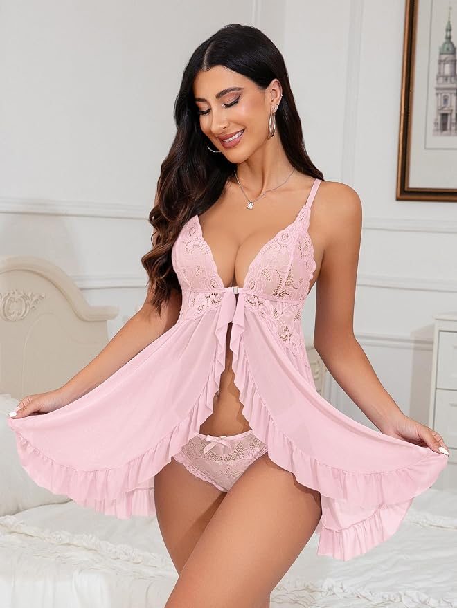 Foxiny Sexy Open Front V Neck Ruffle Sheer Mesh Lace Wireless Babydoll Lingerie Dress with Thong 2 Piece