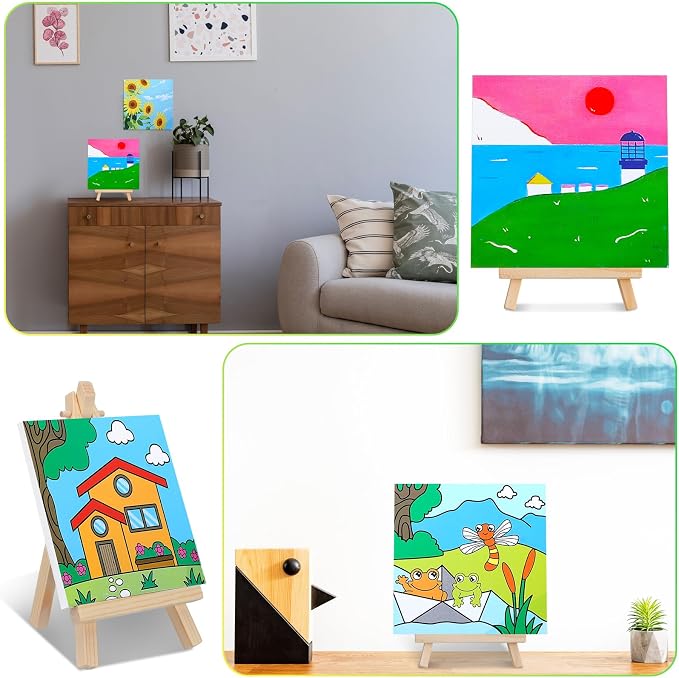 Tenceur 48 Pcs Kids Paint Party Favors Sets with 12 Pcs Animals Pre Drawn Canvas Panel and Wooden Easel Set Paint Pots and Brushes 12 Mini Apron and Tote Bag for Kids Girls Student Boys