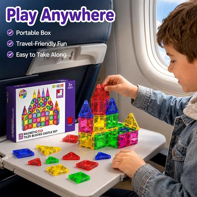 Mini Magnetic Tiles - 75 PCS Travel Magnetic Tiles, Micro Magnet Travel Toy for Kids Ages 3+, STEM Educational Building Set Construction Toys, Boys Girls Toddlers Birthdays Day Gifts
