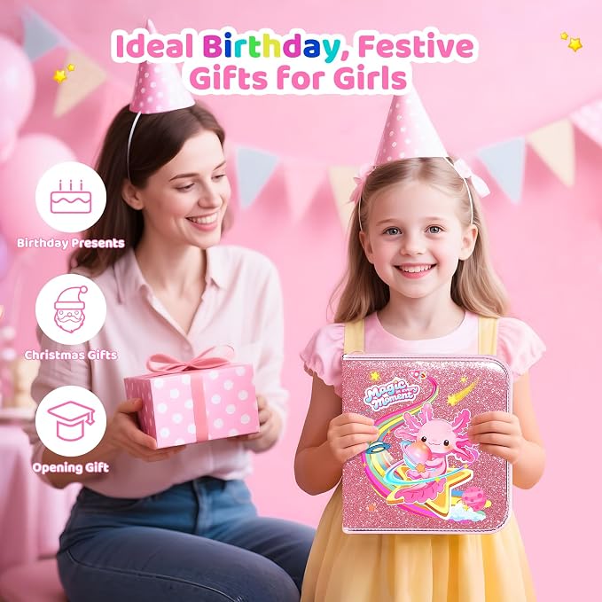 MAIGOZON Axolotl Gifts for Girls - 72 PCS Scented Markers Art Set for Kids Ages 4-8, Coloring Kit with Glitter Case, Mermaid Coloring Book & Quick-Dry Gel Pens, Birthday Christmas Gift