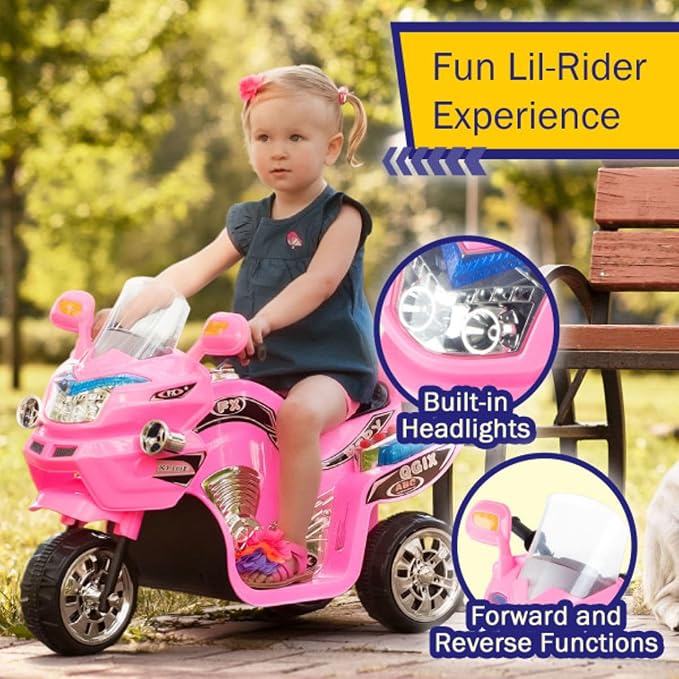 Kids Motorcycle - 3-Wheel Ride on Toy with Reverse, Sounds, and Headlights - 6V Electric Motorcycle for Kids Ages 3 to 6 by Lil' Rider (Pink)