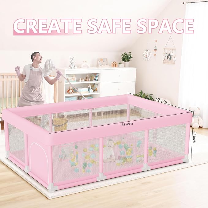 Hiaksedt Large Baby Playpen 74"x50", Baby Girl Play Pen for Babies and Toddlers Pink, Safe Structure and Soft, Skin-Friendly Fabric with Zipper Gates