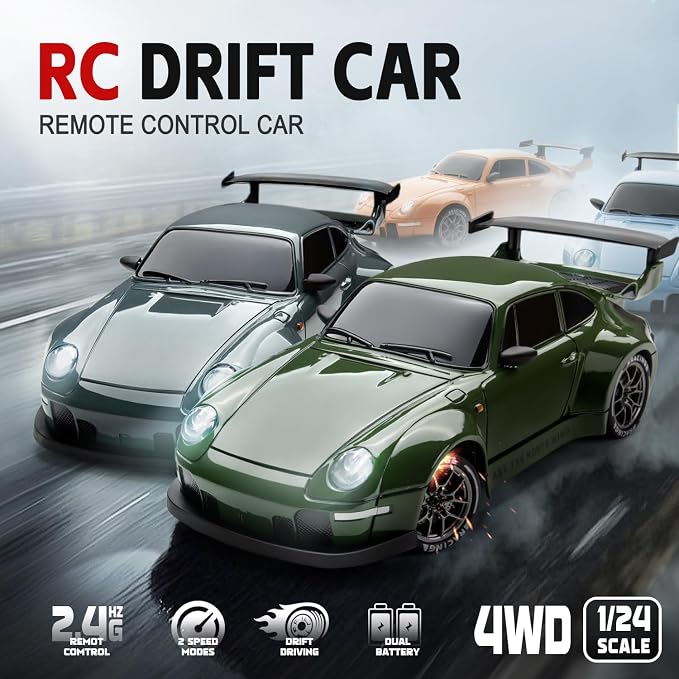 RC Drift Car, 1:24 Scale Remote Control Vehicle with LED Lights, 2.4GHz 20KM/H 4WD High Speed RC Cars, Drifting Tires＆Two Batteries, Racing Sports Toy Idea Gift for Adults Boys Girls and Kids