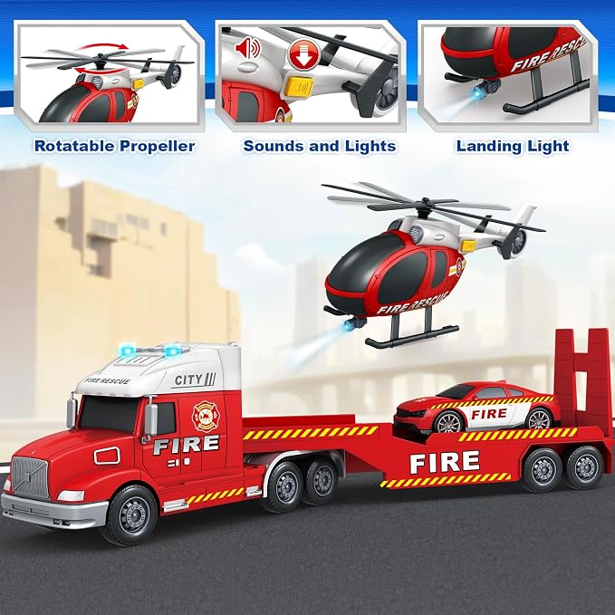 Kids Toys for 3 4 5 6 7 8 Years Old Boys, 27" Fire Truck Toy with Racing Car and Helicopter, Toddler Friction Powered Truck Vehicle Toy with Lights, Sounds for Boys Girls Christmas Birthday Gifts