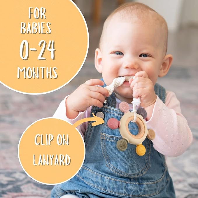Baby Teething Toys, Silicone Chewable Teethers with Wooden Ring for Soothing Babies Gums, Rudder Chewers Shower Gift for lnfants & Toddlers, 3+ Months (6 Directions, Ocean)