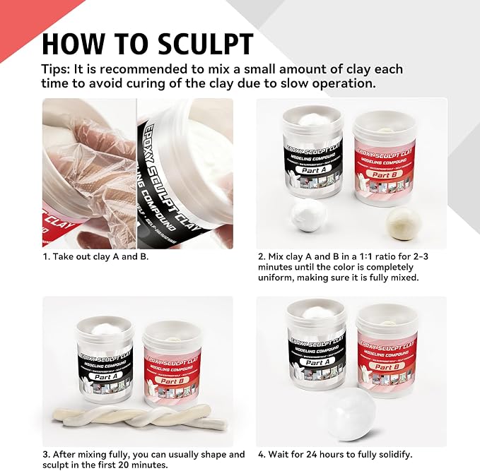 Epoxy Sculpt Clay, Self-Hardening Model Magic Sculpt Epoxy Clay, A&B 2 Part Epoxy Putty, Modeling Compound Sculpting Clays for Sculpting, Modeling, Repairing, Filling, Building, 1 Pound, White