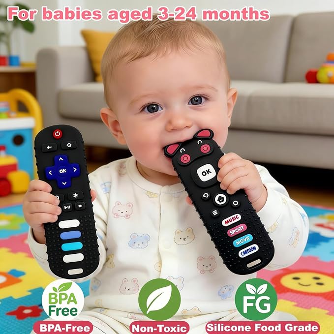 3-Pack Baby Teething Toys, BPA-Free Silicone Baby Remote Control Teething Toy for 3-18 Months, Toy Remote for Baby, Teething Relief Newborn Remote Shaped Toy (Black&Pink&Pig Black)