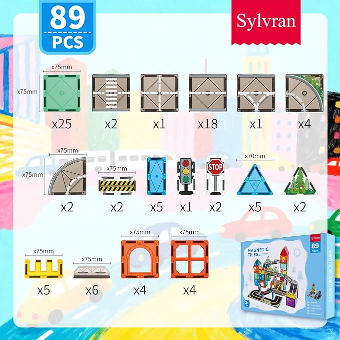 Magnetic Tiles Road Set, 89 PCS Magnetic Building Blocks with Roads, Bridges & Ramps, STEM City Building Toys for Kids Ages 3-8, Educational Construction Magnet Toys, Gifts for Boys Girls