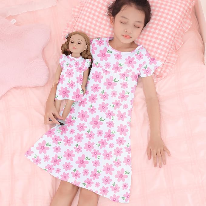 ICOSY Matching Doll & Girls Nightgowns Clothes Girls Pajamas Sleepwear Outfit for Kids and 18" Girl Doll