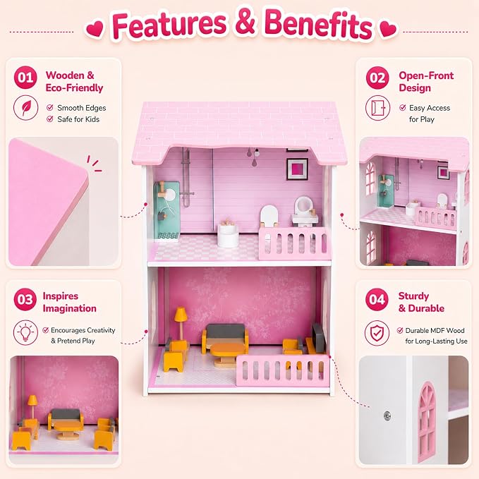 Doll House, Wooden Dollhouse for Girls, Two-Storey Pink Doll House with Furniture, Four Rooms, Pretend Play Toy, Creative Gift for Girls Aged 3+, Birthday Gift for Toddlers and Kids
