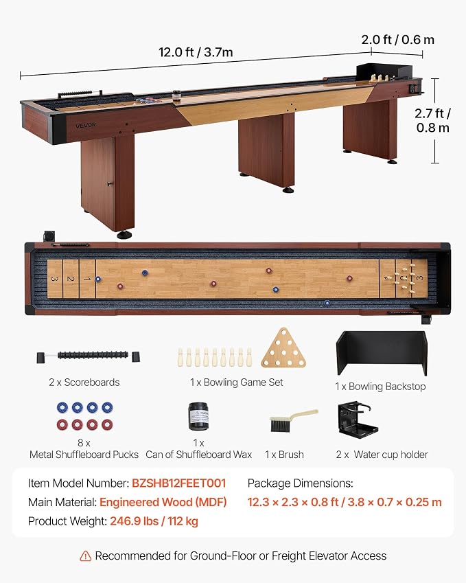 VEVOR 7ft 9ft 12ft Shuffleboard Table 2 in 1 Shuffleboard and Bowling Combo Set, Shuffle Board with Scratch-Resistant Playfield, Pucks, Bowling Set, Wax, Brush for Family Game Rooms
