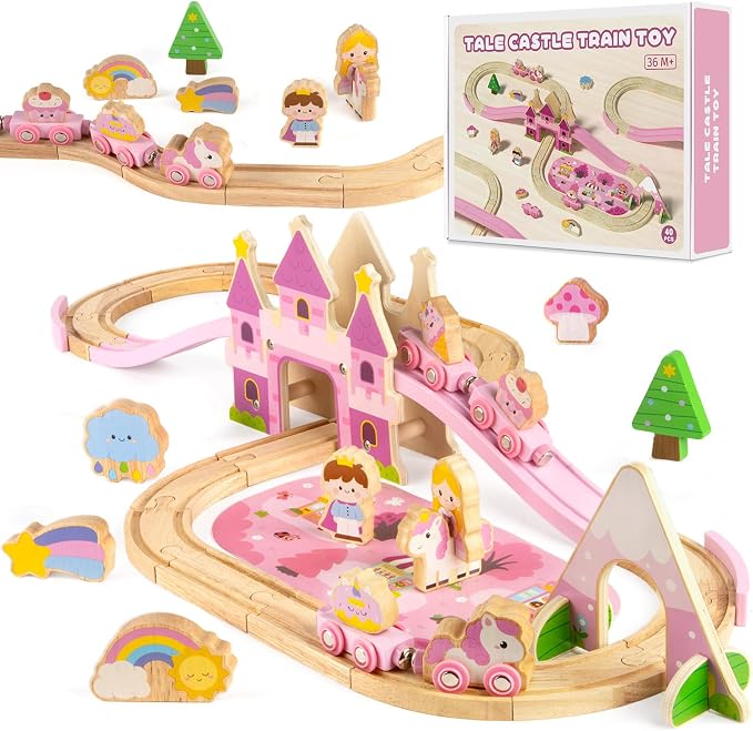 Wooden Train Set for Toddlers 3-5, 40PCS Pink Princess Castle Wooden Train Track Set with Fairies, Girl Toys Age 3-6 Birthday Gift for 3 4 5 Year Old Girls
