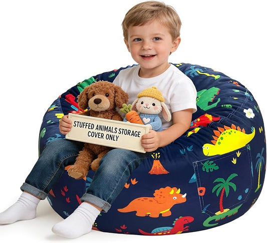 Lukeight Dinosaur Stuffed Animals Storage Bean Bag Chair Cover for Kids Toddlers, Cozy Velvet Plush Toy Organizer Seat, Cover Only, No Filling Included, Long YKK Zipper, Side Pocket, Large 27 x 16 in