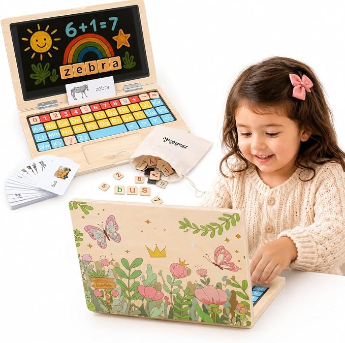 Montessori Toys 4 Year Old Girl Birthday Gifts 11.8" Floral Laptop, Homeschool Essentials, Educational Learning Pretend Play, Toddlers Toys, Customized Flashcards Learning