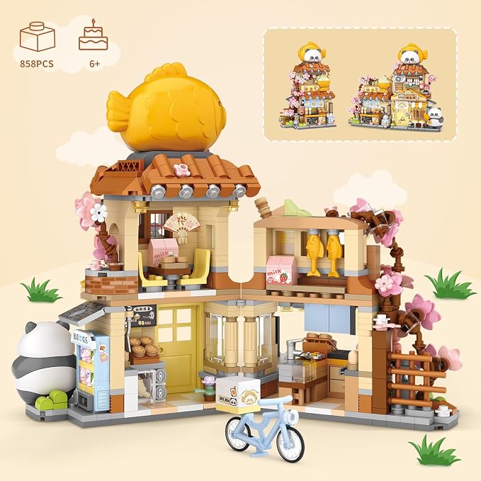 Japanese Street View Taiyaki Shop Mini Building Blocks, MOC Creative Building Toys Cute Panda Building Set for Kids 6-12, Simulation Architecture Construction Toy, Gift Idea for Kids Adults (858 PCS)