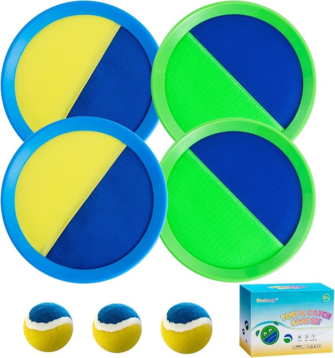 Weehoey Beach Toys - Outdoor Games for Kids, Toss and Catch Ball Set with 4 Paddles 3 Balls, Toys for 3 4 5 6 7 8+ Year Old Boys Girls Christmas Birthday Gifts (Blue and Green)