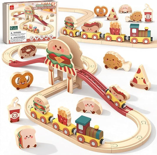 Lehoo Castle Wooden Train Set for Toddlers 2-4, Burger Theme Train Track Set Compatible with Major Brands, Expandable Wooden Railway Toy, Gift for Boys & Girls Ages 3-5