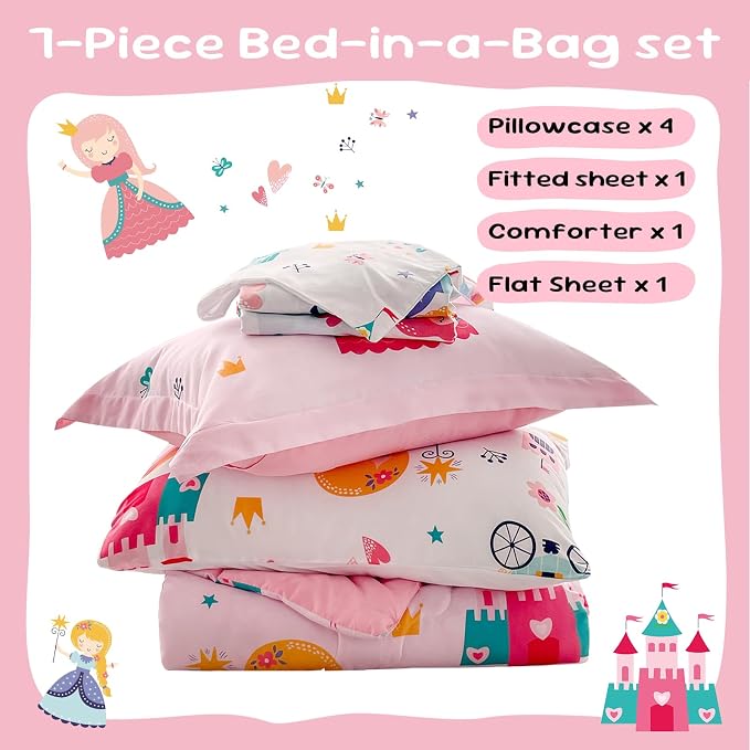 Wajade Kids Pink Princess Comforter Set Bed in A Bag Queen Size 7 Piece Princess Fairy Tales Castle Bedding Set for Girl (1 Comforter, 1 Flat Sheet, 1 Fitted Sheet, 2 Pillowcase and 2 Pillow Sham)