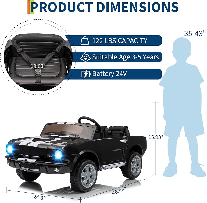 Garvee 24V 2 Seater Ride on Licensed Shelby GT350, Battery Powered Ride on Toys for Kids with Remote Control, Ford Shelby Kids Electric Vehicle 2 Seat, Safety Belt, 2 Speeds, LED Lights, Black