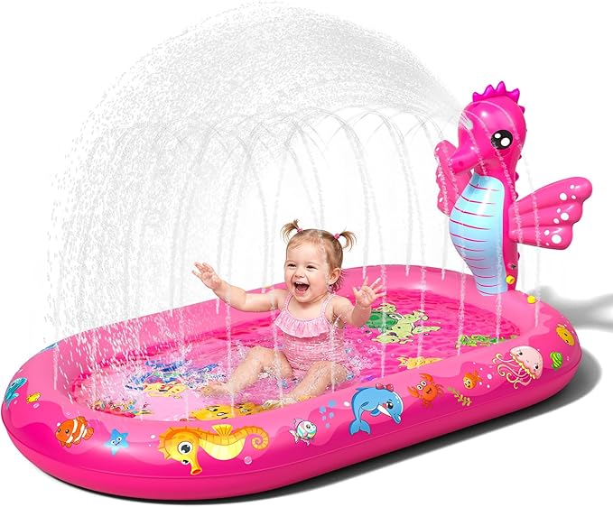 Splash Pad for Toddlers, 3-in-1 Seahorse Inflatable Baby Pool Sprinkler for Kids, Baby Splash Pads Outdoor Play Mat, Backyard Summer Water Toys Birthday Gift for 1+ Year Old Girls Kids