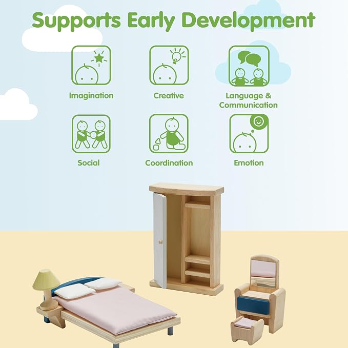 PlanToys® Wooden Bedroom Dollhouse Furniture Set in Orchard Shade for Kids | Montessori Small World and Home Routine Play | Eco Friendly Wooden Dollhouse Bedroom Set for Imaginative Play