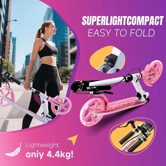 Kick Scooter for Kids Ages 8+ Teens & Adults, with Front handbrake and Rear Brake, and Adjustable Handlebars, Big Sturdy PU Flash Wheels Great Gift & Toy
