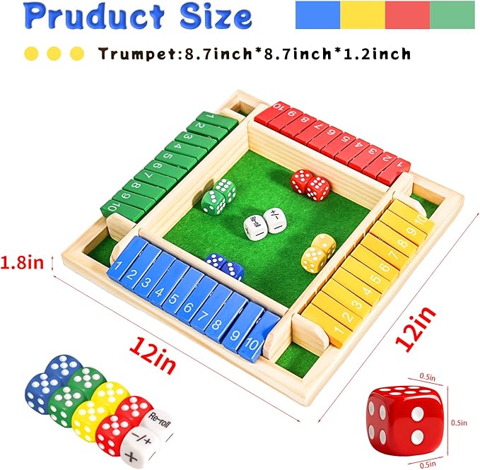Shut The Box Dice Game 12 Inch Upgraded 2-4 Player Wooden Dice Game Math Addition Games Close The Box Family Wooden Dice Board Game for Kids Adults, Tabletop Version for Classroom, Home, Party or Bar