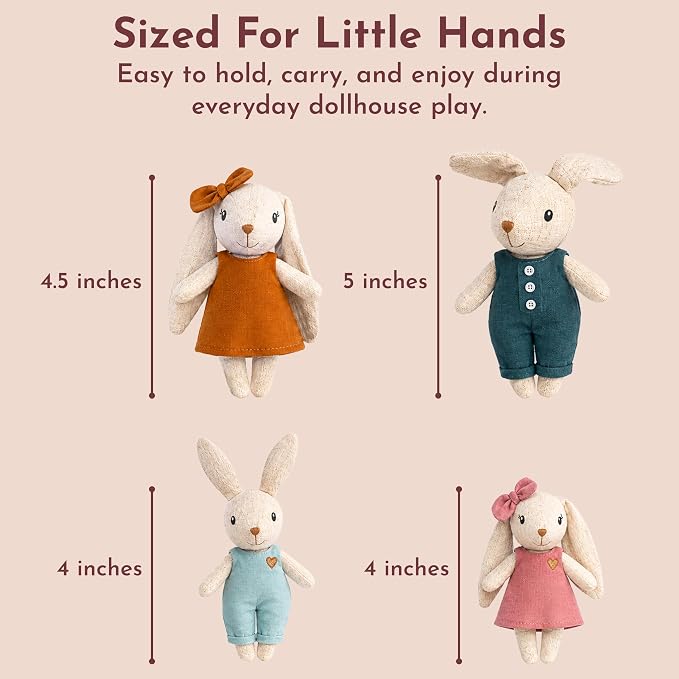 SPEEDY MONKEY Rabbit Family Set – Miniature Bunny Figures with Parents & 2 Baby Rabbits – Pretend Play Doll House Family for Kids, Toddlers, Girls – Cute Dollhouse Decor Toy