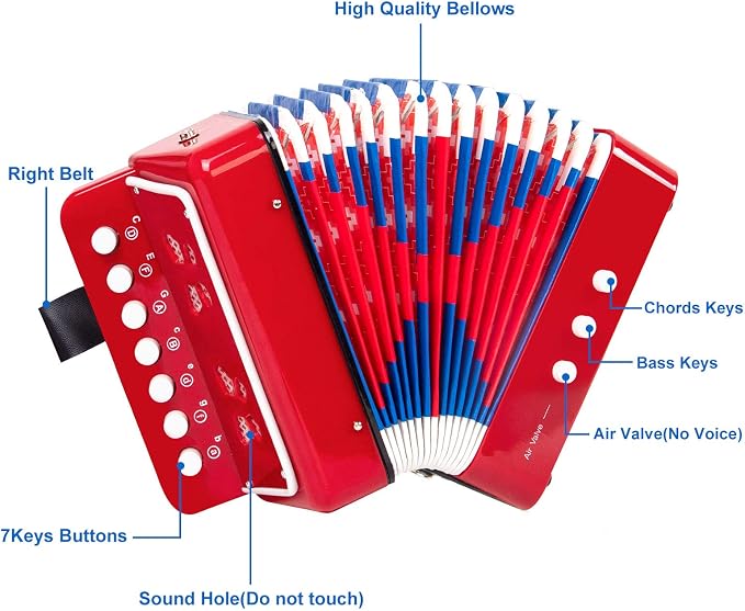 Button Accordion, Horse 10 Keys Control Kids Accordion Musical Instruments for Kids Children Beginners Lightweight and Environmentally-friendly (Red)
